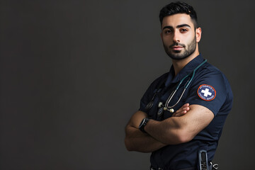 Minimalist shot of a middle eastern male paramedic standing confidently with arms crossed and a focused expression against a dark background
