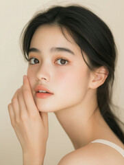 Young woman with long dark hair gently touching her face, posed against a neutral background in soft lighting