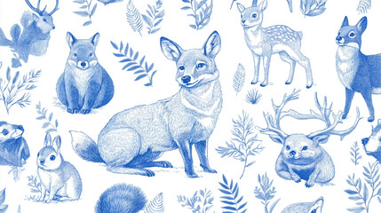 Naklejka premium Forest animals seamless pattern. Deer, wolf, fox, boar, squirrel, bear, hare, hedgehog and badger. Hand drawing. Blue and white color. Vintage vector illustration. 