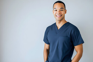 Minimalistic portrait of a biracial male physician smiling confidently in scrubs against a light background