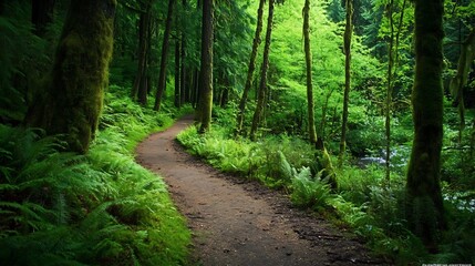 Obraz premium A winding dirt path leads through a lush green forest, with sunlight filtering through the trees.