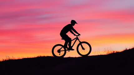 Silhouette of cyclist against vibrant sunset sky, showcasing adventure and freedom