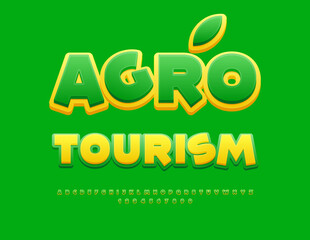 Naklejka premium Vector travel icon Agro Tourism. Green and Yellow Funny Font. Modern Alphabet Letters and Numbers set.