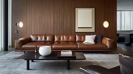 Fototapeta premium Modern living room with brown leather sofa, coffee table, and wall paneling.