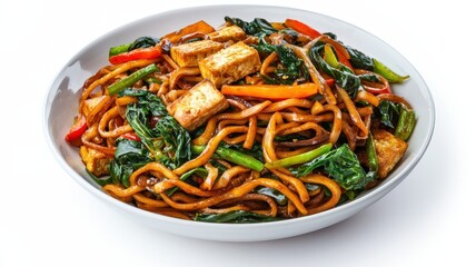 Delicious stir-fried noodles with tofu and colorful vegetables on a white background. Flexitarian food concept