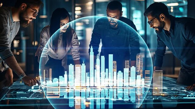 Teamwork Makes the Dream Work: A diverse team of young professionals collaborates around a holographic cityscape, immersed in data-driven innovation and strategic planning.  
