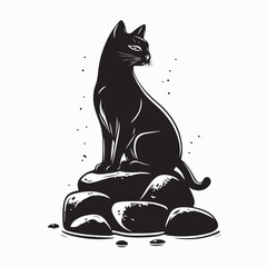 Black cat on the Pile of Rocks as Nature Elements image vector on white background 