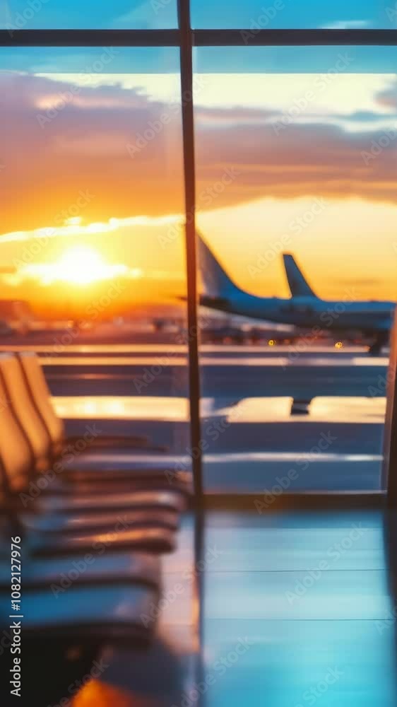 Poster empty seats reflecting warm sunset light in airport terminal while airplanes prepare for departure o