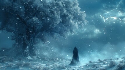 Fototapeta premium Winter season. The personifying winter phenomena. A scene of the winter queen presiding over her frozen kingdom, her presence commanding respect and admiration from all who encounter her.