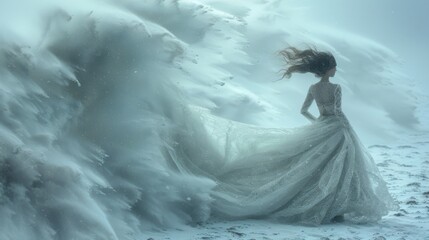 Winter season. A woman in a flowing white gown, her movements mirroring the swirling dance of a blizzard, amidst a breathtaking winter landscape.