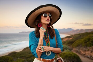 Fototapeta premium Chic Retro Traveler in Oversized Hats and Statement Rings for Stylish Getaway