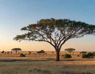 Obraz premium Vast Open Savannah Stretching to the Horizon, With Towering Acacia Trees Dotted Across the Landscape, Beneath a Clear Blue Sky and Gently Grazing Herds in the Distance