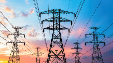 Power lines silhouetted against vibrant sunset sky, showcasing intricate network of electricity transmission. scene evokes sense of connection and energy