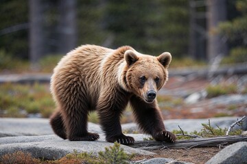 Obraz premium Playful Bear Cub Discovering Nature in North American Wilderness