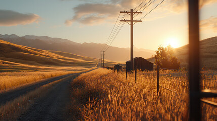 Obraz premium serene rural landscape featuring power lines stretching along dirt road, with golden fields and sunset illuminating scene. mountains in background add to tranquil atmosphere