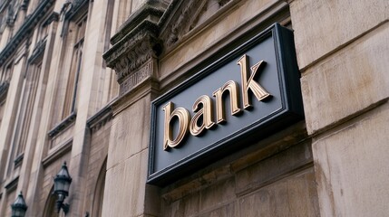 Elegant architectural details of a neoclassical bank building showcasing ornate signage in a historic urban setting
