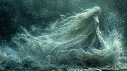 Winter season. The Legendary Winter Creatures . A selkie emerging from the ocean's depths, its shimmering seal skin transforming into a human form as it steps onto the shore.