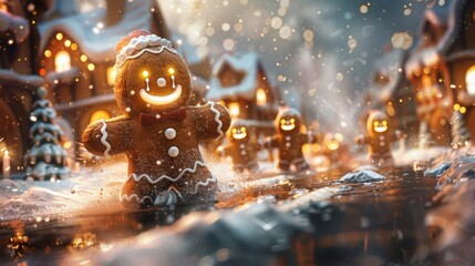 Winter season. The Legendary Winter Creatures . A scene of a gingerbread man running through a gingerbread village, chased by a group of children eager to enjoy his deliciousness 