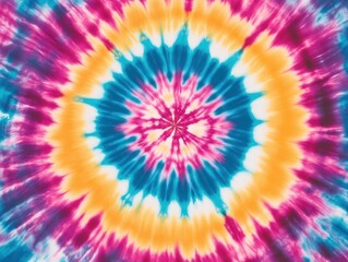 Vibrant Tie-Dye Pattern with Circular Design in Bold Colors of Red, Blue, Yellow and White Creating a Beautiful Abstract Background