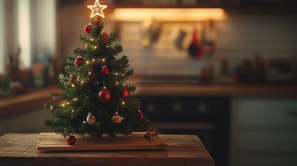 A small Christmas tree on a wooden table, perfect for a cozy home or office decoration
