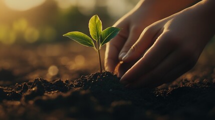 Fototapeta premium Hands Gently Planting A Tiny Sapling In Soil