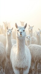 Obraz premium Group of White Alpacas Standing Together in Soft Morning Light, Captivating and Serene Scene of Peaceful Livestock on a Foggy Day, Perfect for Nature and Animal Themes