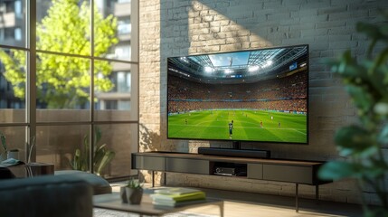 Fototapeta premium A World Cup match airing on a flat-screen TV, set up in a chic, contemporary apartment, with the focus on the vibrant action on the screen and the modern living space