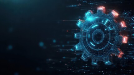 Obraz premium Rotating holographic gear, glowing edges, wireframe design, set against a sleek black background, scifi ambiance, precise mechanical details