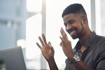Business, black man and okay sign with video call on laptop for communication success, agreement...
