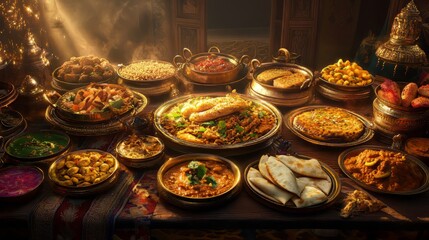 Fototapeta premium Selection of indian food. indian food. Ultra realistic. Photorealistic hypermaximalist advertising photography hyper realistic fine detail