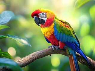 Obraz premium Vividly Colored Macaw Perched on a Branch Surrounded by Lush Green Foliage in a Tropical Environment Under Soft Natural Lighting