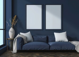 A minimalist living room with a blue wall. a large sofa. and two empty picture frames Sunlight streams through the window