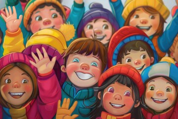 Fototapeta premium A group of excited kids holding up their hands in unison, possibly during a game or celebration