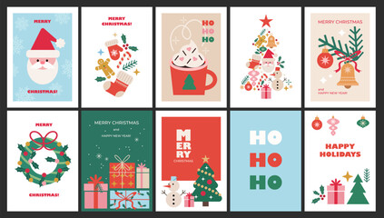 Christmas cards in modern minimalist geometric style. Xmas posters with abstract elements, Christmas decorations, wreath, Santa, snowflakes, snowman