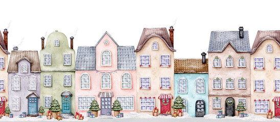 European street with decorated houses. Seamless border. Winter, Christmas, New Year. Snow-covered city buildings on a white background. Old town. Watercolor. Composition for a postcard, poster, book..