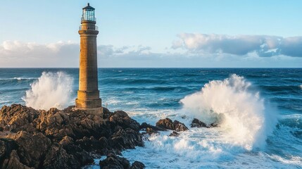 Obraz premium A Tall Lighthouse Stands Strong Against Powerful Ocean Waves