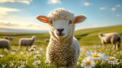 Fototapeta premium Cute young lamb with fluffy wool stands in a blooming meadow surrounded by daisies, creating a serene and picturesque rural landscape during a sunny day in spring.