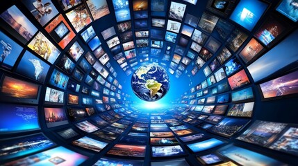 A swirling vortex of screens depicting a wide range of images, surrounding a glowing earth at its center.