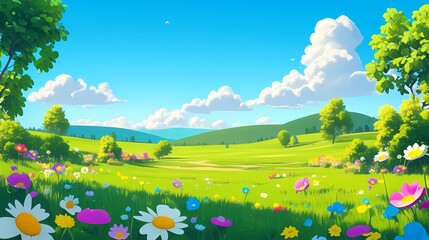 Fototapeta premium cartoon spring green grass blue sky flowers illustration poster background