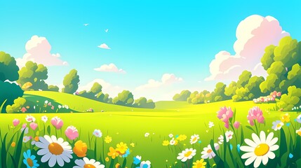 Fototapeta premium cartoon spring green grass blue sky flowers illustration poster background