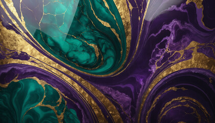 A majestic emerald purple and gold marble texture, reminiscent of ancient treasures and regal grandeur, with swirling patterns of iridescent purple and shimmering gold, inviting the eye to delve into 
