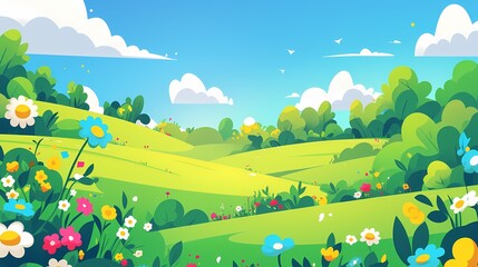 Naklejka premium cartoon spring green grass blue sky flowers illustration poster background