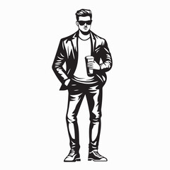 Male model coffee image vector. Model With Coffee Cup Images vector isolated on white background.