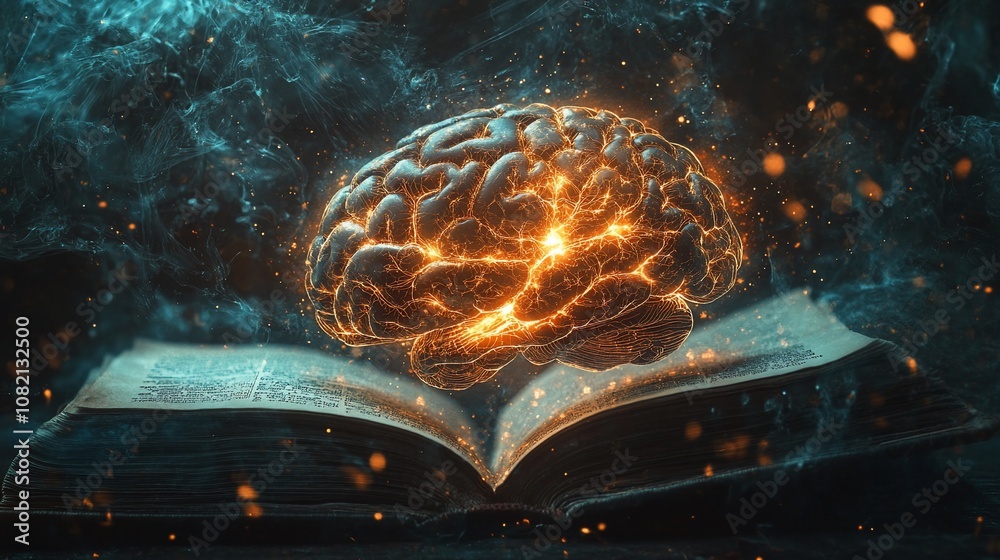 Poster a glowing brain hovers above an open book, suggesting the power of knowledge and learning.