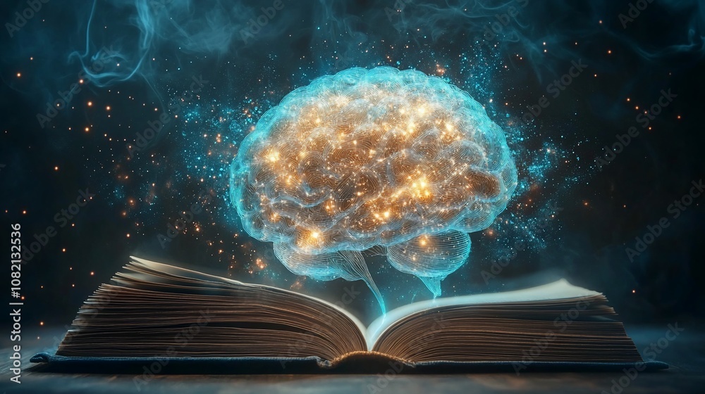 Poster A glowing brain rising from an open book, representing the power of knowledge and learning.