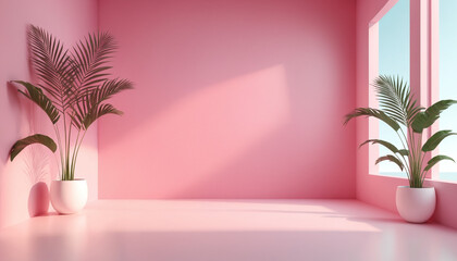 Abstract pink gradient studio background for product presentation. The room is empty with window shadows, flowers and palm leaves. 3D room with copy space. Summer concert. Blurred background.