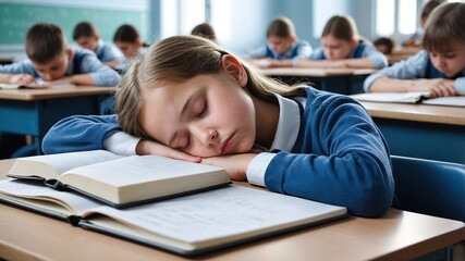 Close-up of a schoolchild sleeping in a lesson sitting at a desk. Tiredness, fatigue of adolescents, lack of sleep and vitamins
