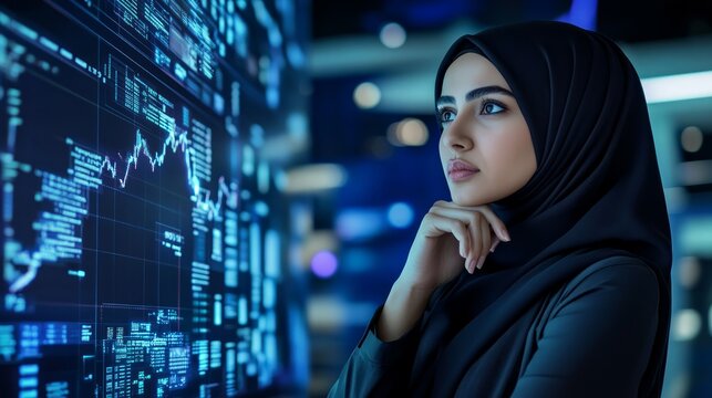A woman in a hijab looks thoughtfully at a screen filled with data and a graph.