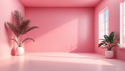 Abstract pink gradient studio background for product presentation. The room is empty with window shadows, flowers and palm leaves. 3D room with copy space. Summer concert. Blurred background.