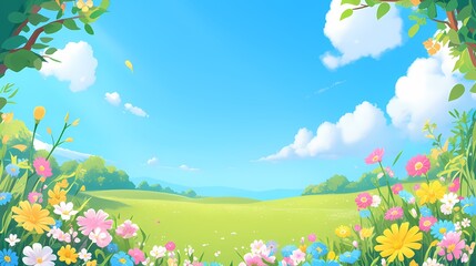 Fototapeta premium cartoon spring green grass blue sky flowers illustration poster background